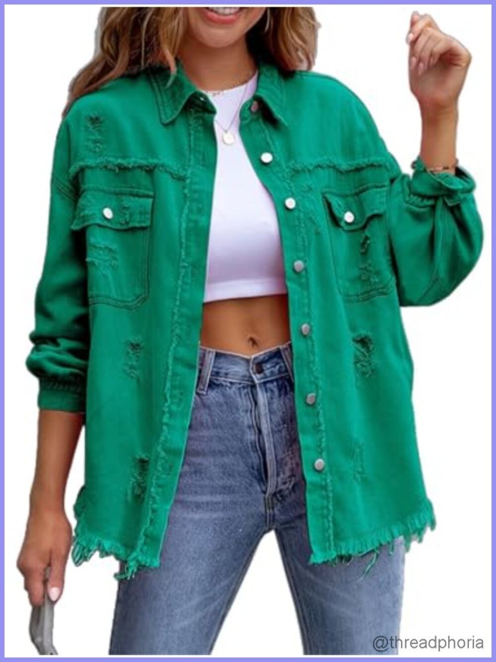 Distressed Denim Jacket Oversized Button Down Frayed Hem Chest Pockets
